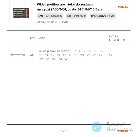 Wkład profilowany miękki do zestawu narzędzi 2450/M01, pusty, 2451/MV10 Beta
