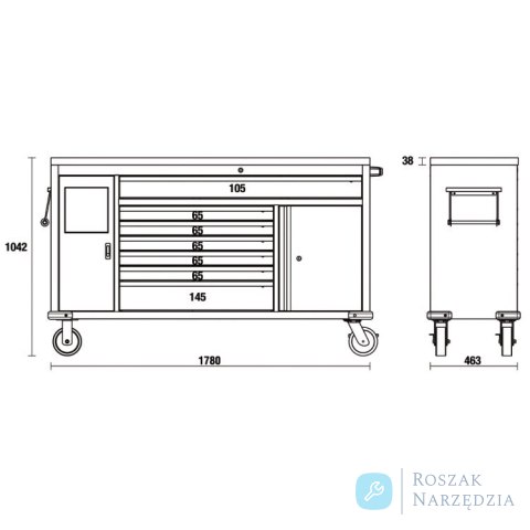 Wózek narzędziowy Work Station, 7 szuflad, z koszem na śmieci, do systemu C45PRO, 4500/C45PRO/MWS/W Beta