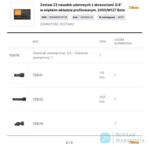 Zestaw 23 nasadek udarowych z akcesoriami 3/4" w miękkim wkładzie profilowanym, 2450/M127 Beta