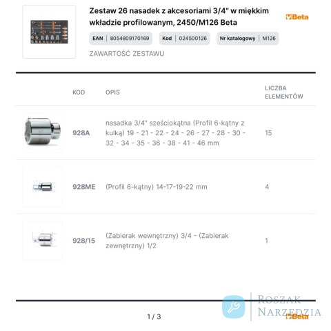 Zestaw 26 nasadek z akcesoriami 3/4" w miękkim wkładzie profilowanym, 2450/M126 Beta