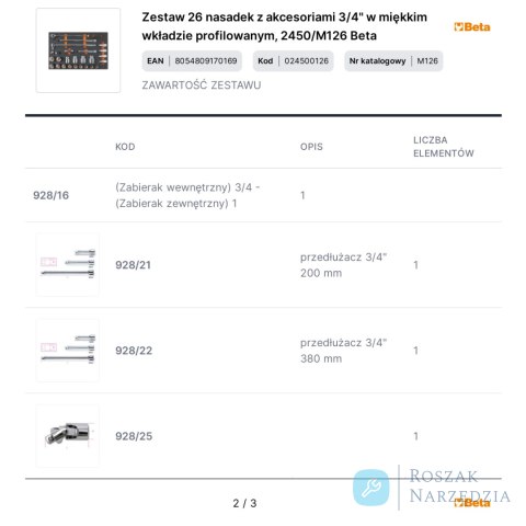 Zestaw 26 nasadek z akcesoriami 3/4" w miękkim wkładzie profilowanym, 2450/M126 Beta