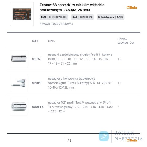 Zestaw 68 narzędzi w miękkim wkładzie profilowanym, 2450/M125 Beta