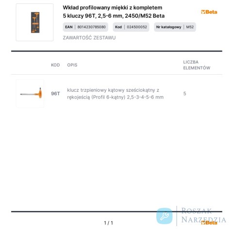 Wkład profilowany miękki z kompletem 5 kluczy 96T, 2,5-6 mm, 2450/M52 Beta