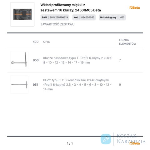 Wkład profilowany miękki z zestawem 16 kluczy, 2450/M65 Beta
