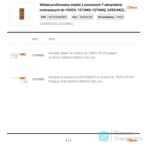 Wkład profilowany miękki z zestawem 7 wkrętaków izolowanych do 1000V, 1272MQ-1274MQ, 2450/M226 Beta