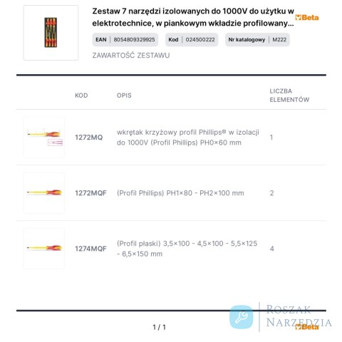 Zestaw 7 narzędzi izolowanych do 1000V do użytku w elektrotechnice, w piankowym wkładzie profilowanym 2450/M222 Beta