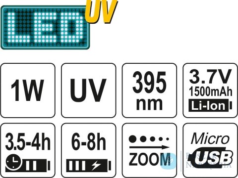 ZESTAW LATARKA UV AKUMULATOROWA 1W + OKULARY YATO