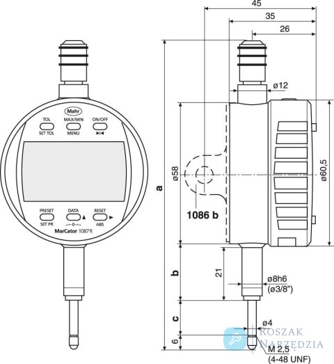 Czujnik zegarowy,elektr.,1087 R-HR 12,5 mm (0,5") 0,001 mm MAHR