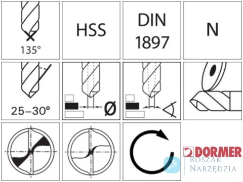 Wiertło krót.HSS DIN1897N6,0mm 135G typ N 2,5xD A022 TiN Tip DORMER