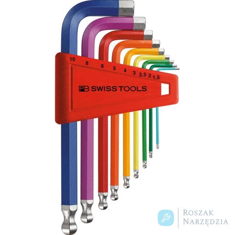 Zestaw kluczy trzpieniowych kątowych w uchwycie z tworzywa sztucznego 9-częściowy, 1,5-10mm Rainbow końc. kulista PB Swiss Tools