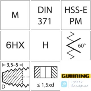 Gwintownik maszynowy DIN371 HSSE -PM TiCN HRC55kszt.D M5 GÜHRING