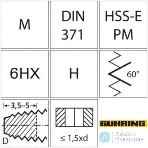 Gwintownik maszynowy DIN371 HSSE -PM TiCN HRC55kszt.D M5 GÜHRING