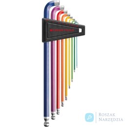 Zestaw kluczy trzpieniowych sześciokątnych z końcówką kulistą, długich i skróconym ramieniem 90°-100°,dł. Rainbow PB Swiss Tools