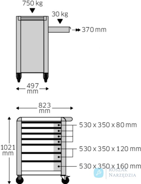 Wózek warsztatowy TTS 7-szufl. niebieski z nakładkami, 1021x823x 497 mm; max obciążenie: 30kg na szufladę; 750 kg na wózek STAH