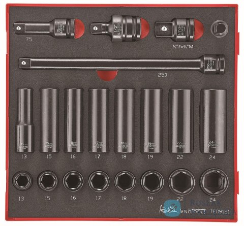 21-elementowy zestaw nasadek maszynowych z chwytem kwadratowym 1/2" Teng Tools TED 9121